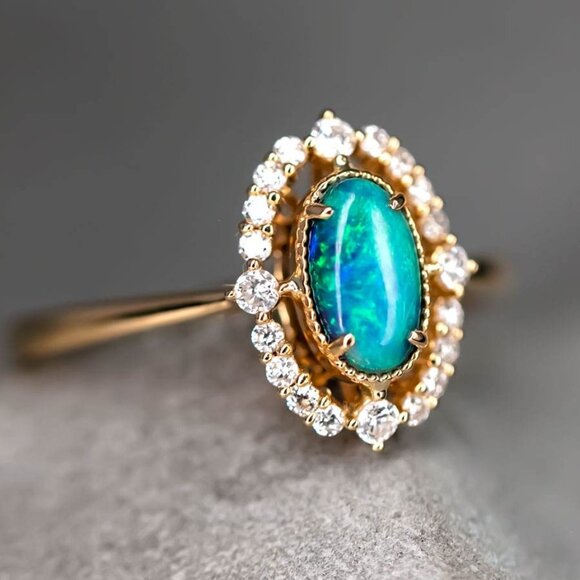 Engagement Ring: Australian Black Opal and Diamond in 18K Yellow Gold - Picture 1 of 5